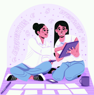 Dos mujeres colaborando en un proyecto, rodeadas de símbolos financieros y las palabras