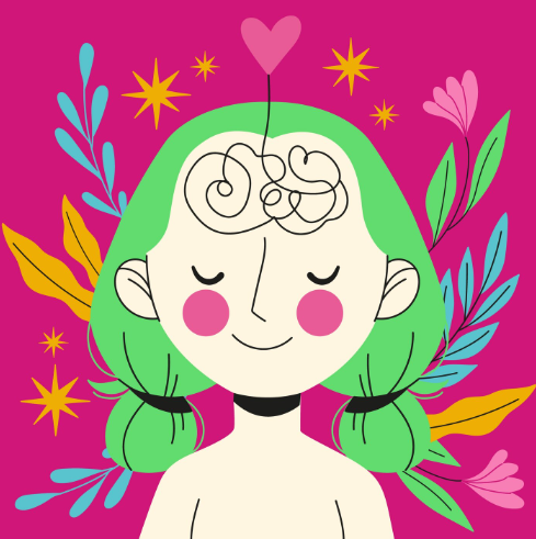 Niña de cabello verde, ojos cerrados, cerebro visible con un corazón encima, rodeada de flores y estrellas.