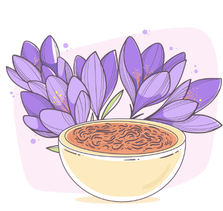 Flores de azafrán con un cuenco de hebras de azafrán. Flores moradas, fondo rosa claro, cuenco amarillo.