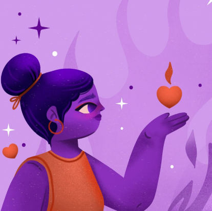Mujer de piel morada, top naranja, sosteniendo un corazón brillante, rodeada de estrellas.