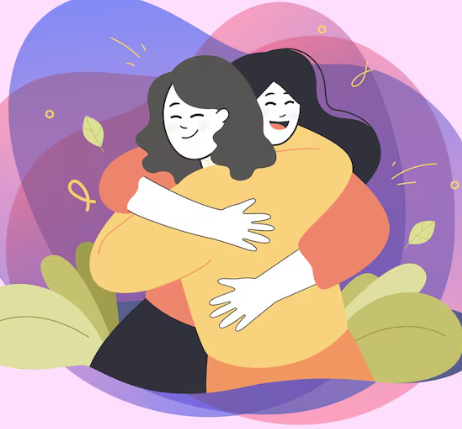 Dos mujeres se abrazan, sonriendo. Fondo morado y rosa.