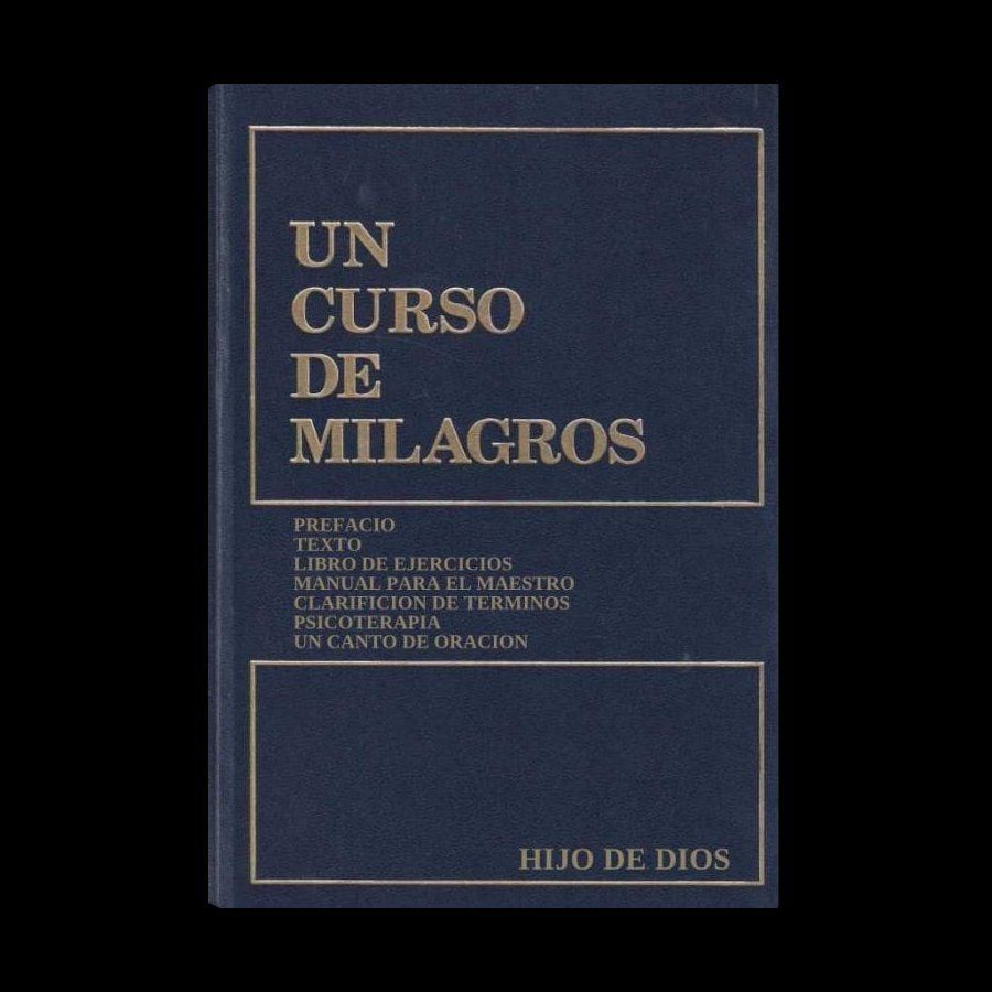 Libro azul oscuro titulado "Un Curso de Milagros" en letras doradas, con "Hijo de Dios" en la parte inferior.