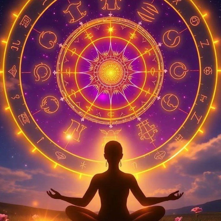 Silueta de una persona meditando con una carta astral de fondo. Tonos morados y dorados, al aire libre.