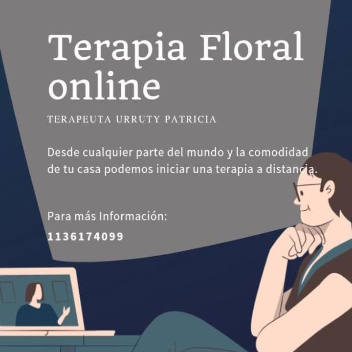 Anuncio de terapia floral online. Muestra a una persona frente a una laptop. Incluye información de contacto.