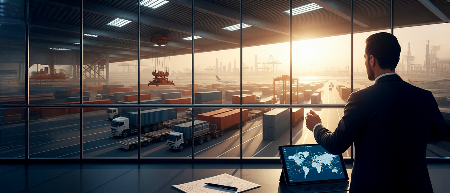 Homem de terno observa um porto de embarque. Um tablet exibe um mapa-múndi.