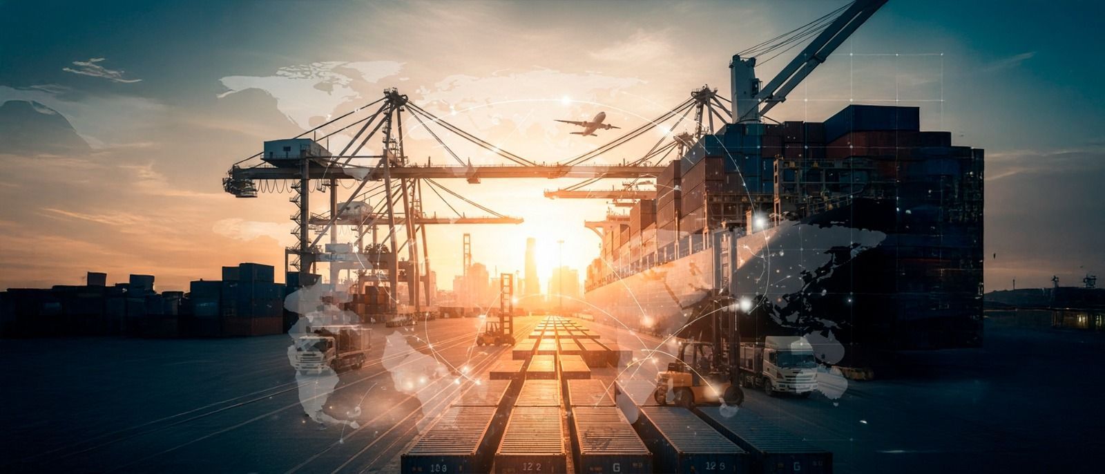 Shipping port at sunset, containers, cranes, and an airplane.