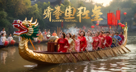 A group of people are rowing a dragon boat on a river.