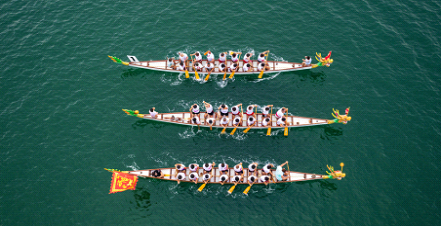 A group of people are rowing boats in the water.