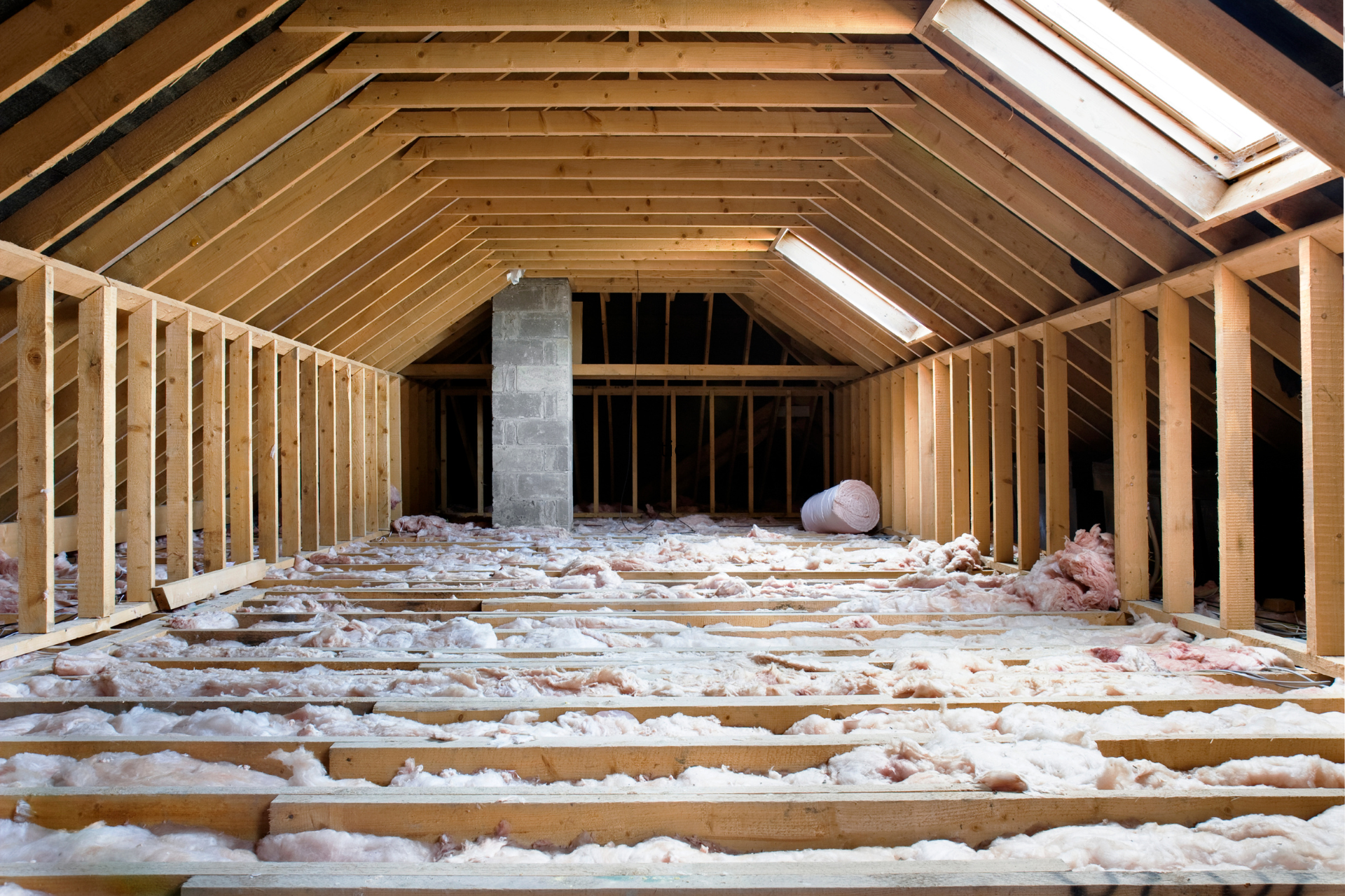 The attic is being built with wooden beams and insulation.