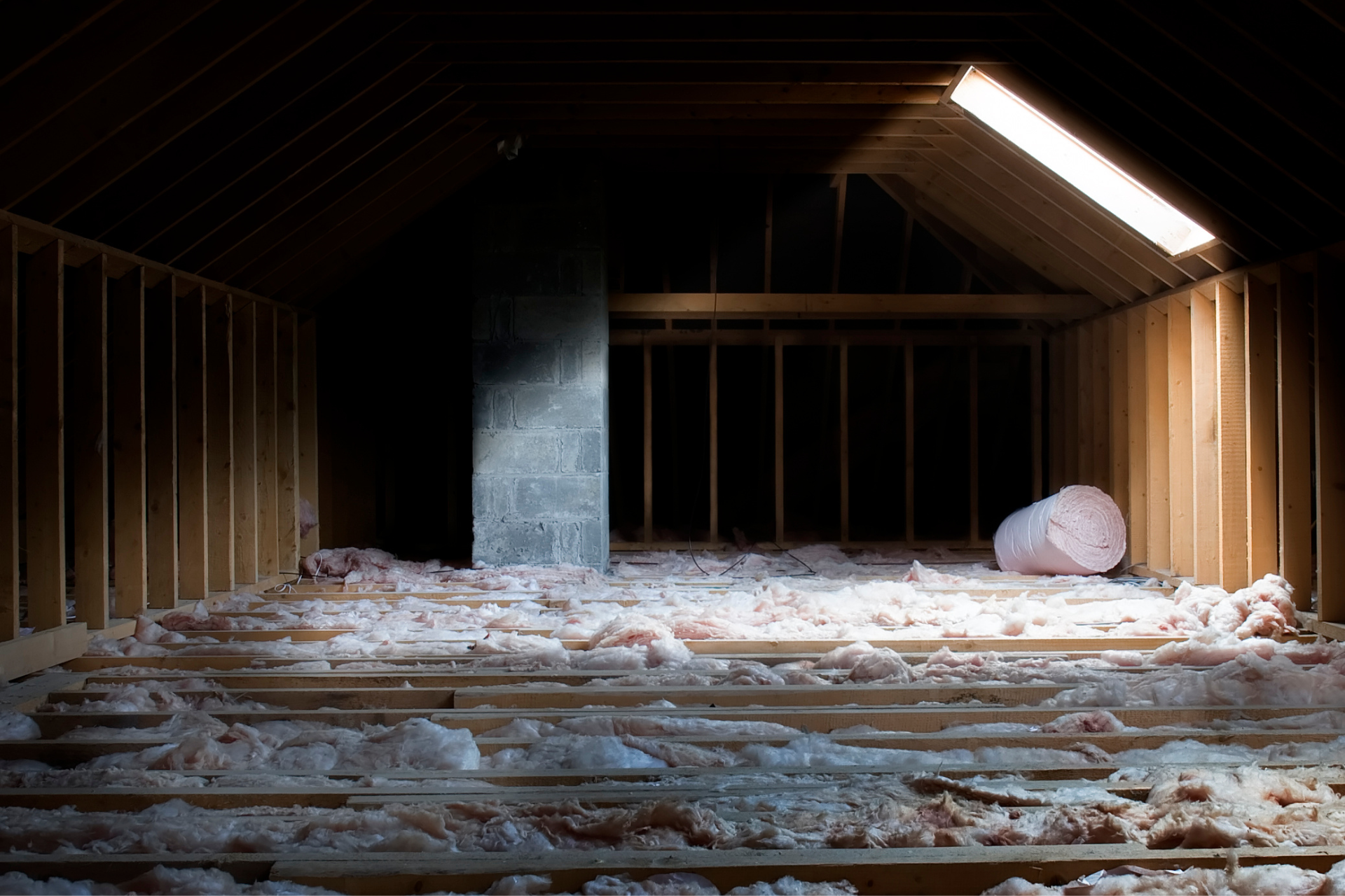 A dark attic with a light shining through the skylight.