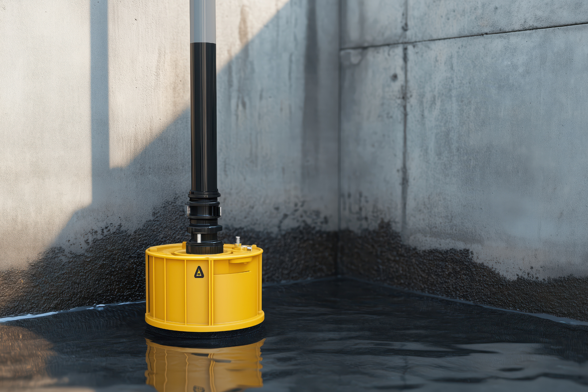 A yellow buoy is floating in the water next to a concrete wall.