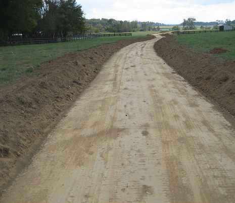A dirt road that is going through a field