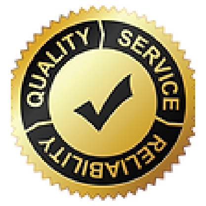A gold and black quality service reliability seal with a check mark in the center.