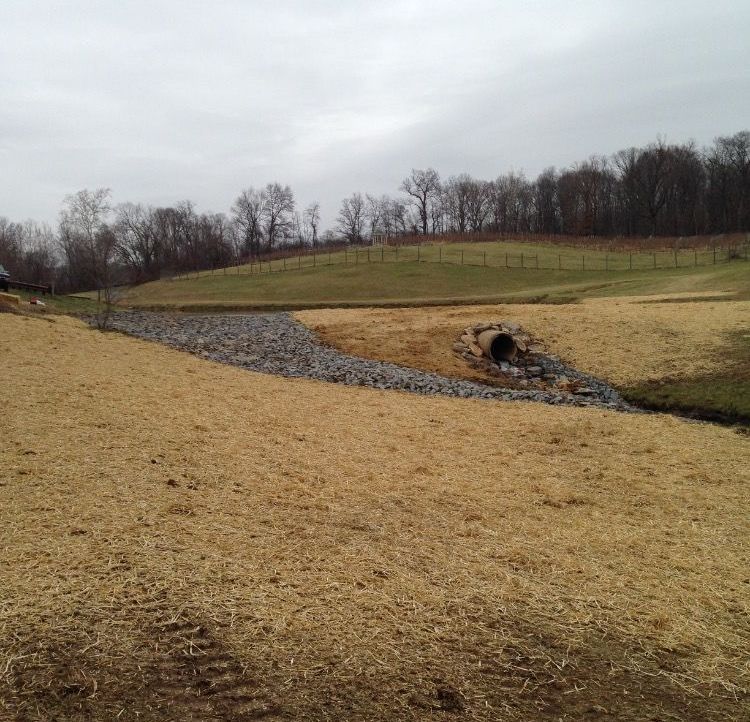 A drain in the middle of a field with trees in the background