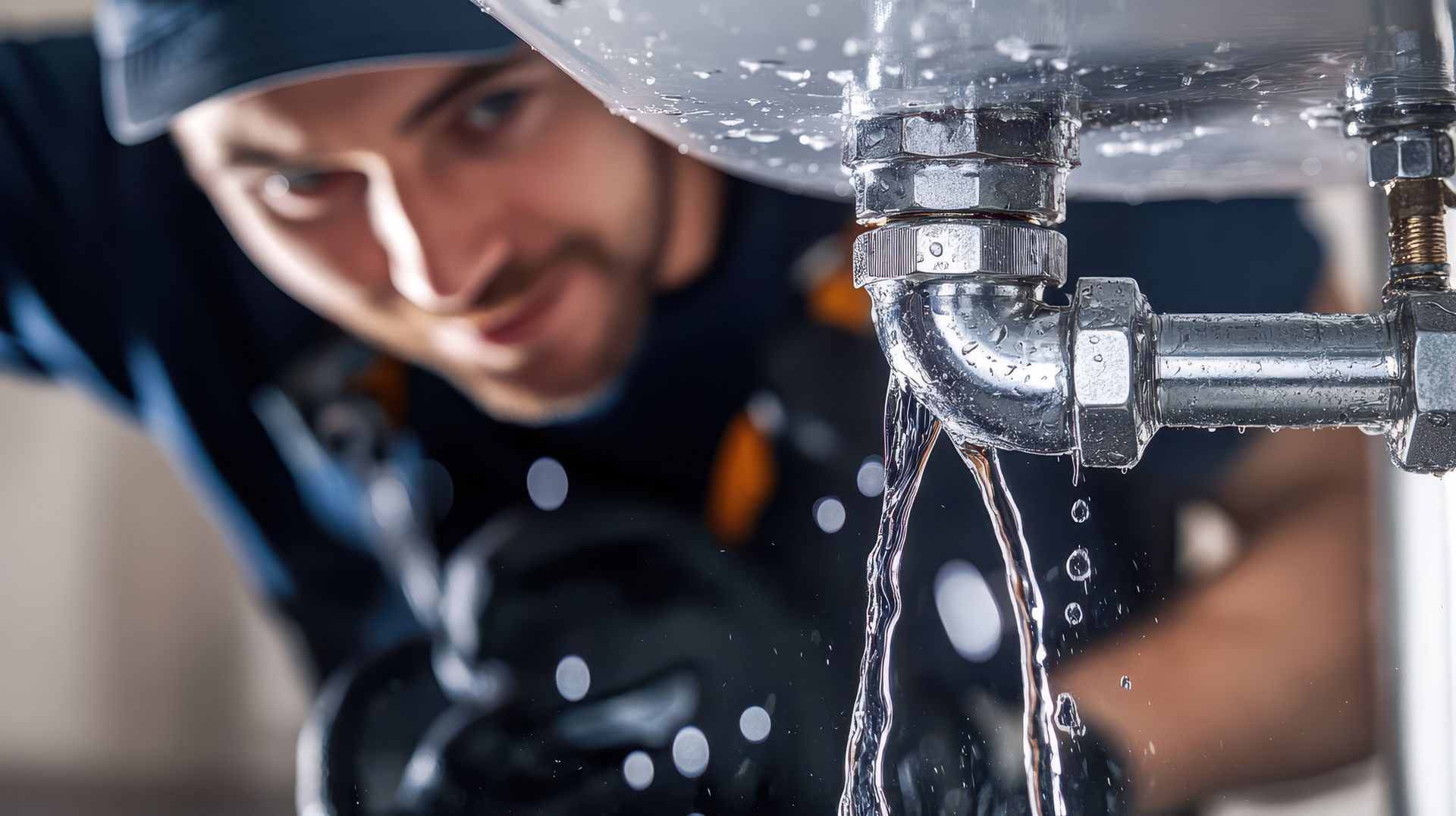 Water leaking from a metal pipe beneath a sink as a worker performs repairs.