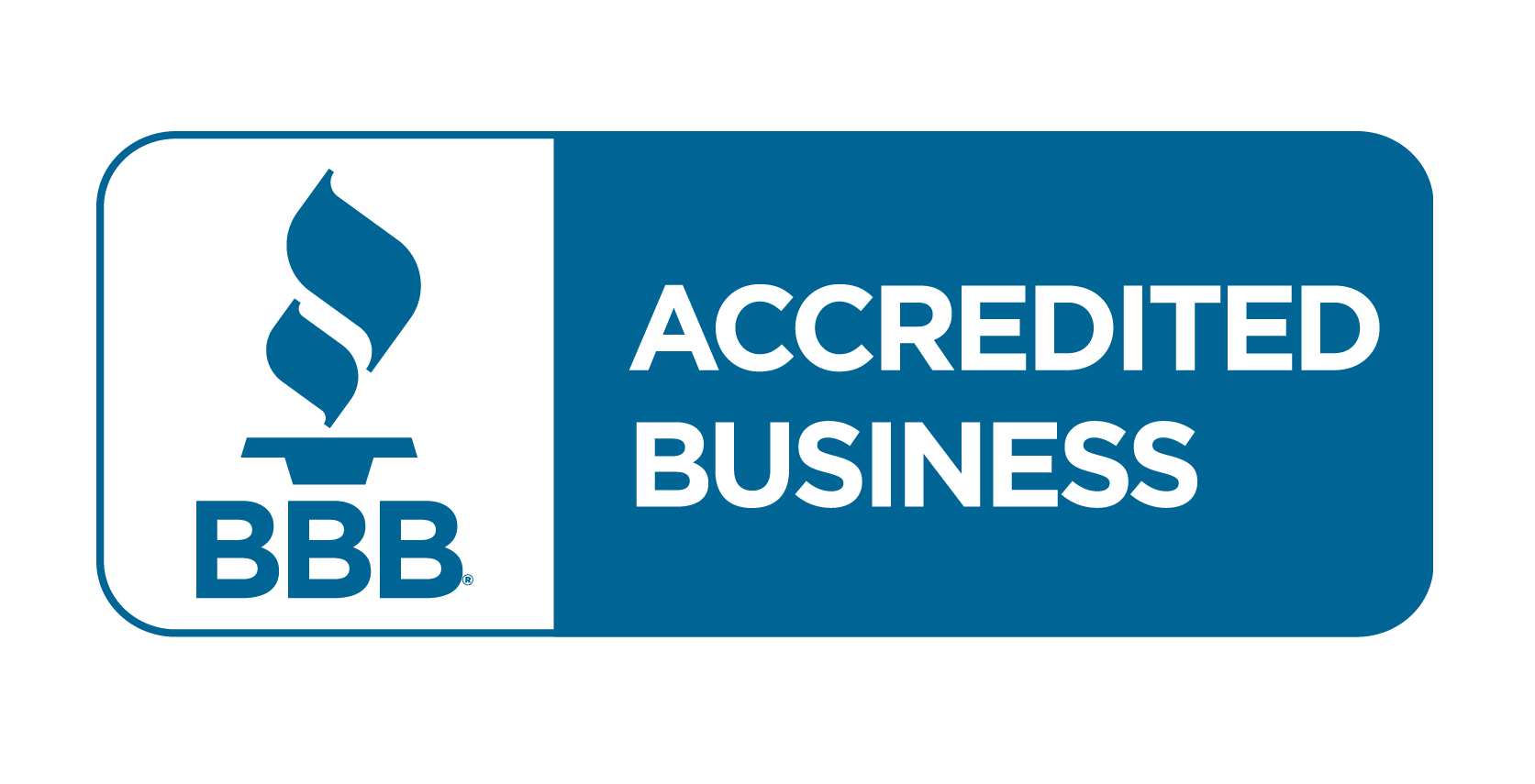 BBB Accredited Business logo, blue and white, with a torch and the words