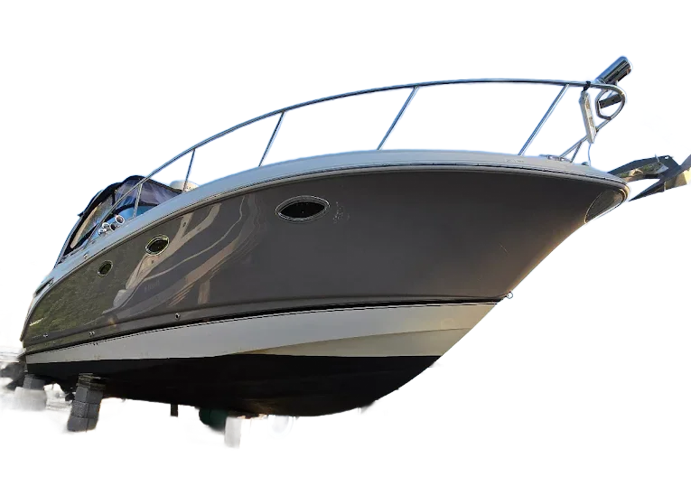 A sleek gray motor yacht with a black hull, seen from a low angle against a white background.