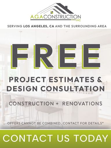 Flyer for AGA Construction offering free project estimates and design consultations in Los Angeles, CA.