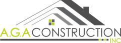 Logo for A.G.A Construction. Includes a house icon in gray and green, with company name in a gray line.