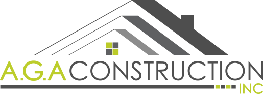 Logo for A.G.A Construction. Includes a house icon in gray and green, with company name in a gray line.