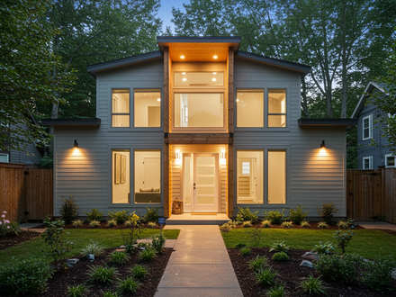 Two-story stucco house with red tile roof, chimneys, and wet driveway under a blue sky.