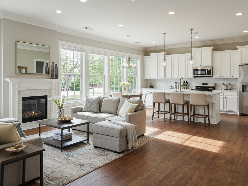 Modern kitchen with island, pendant lights, stainless steel appliances, and wooden floors.