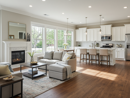 Modern kitchen with island, pendant lights, stainless steel appliances, and wooden floors.