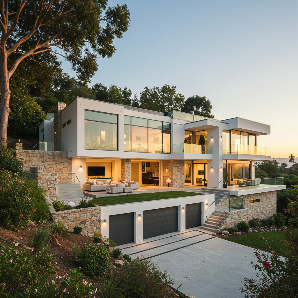 Modern multi-story home with glass walls, three-car garage, and stone accents, set against a hillside at dusk.