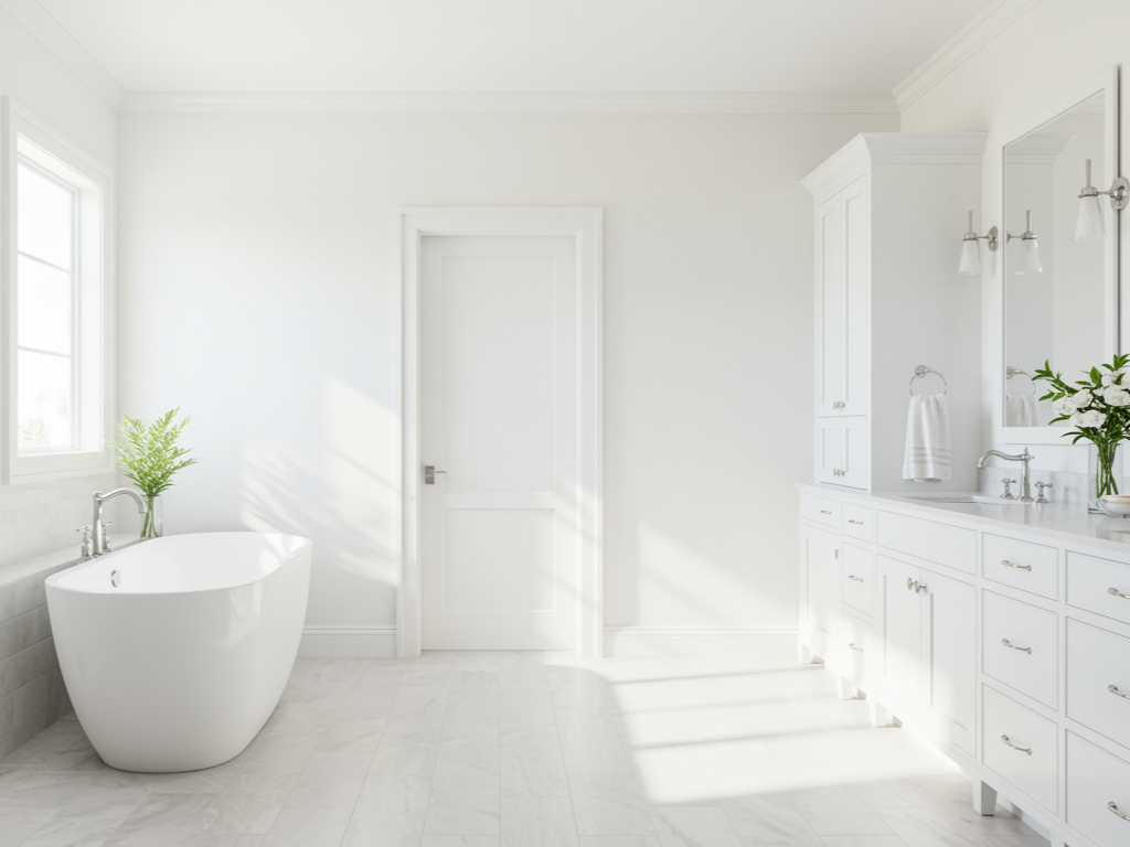 Bathroom with white cabinets, black fixtures, patterned floor tiles, and a glass shower.