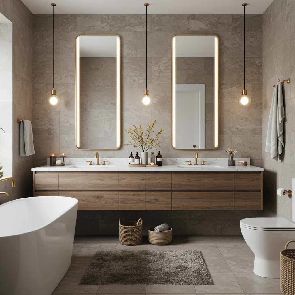 Modern bathroom with wood vanity, two mirrors, and a freestanding tub.