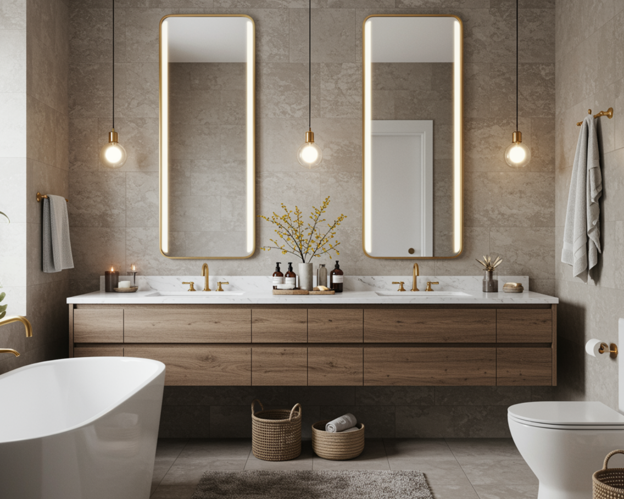 Bathroom with a wood vanity, two mirrors with integrated lights, bathtub, and toilet; neutral tones.