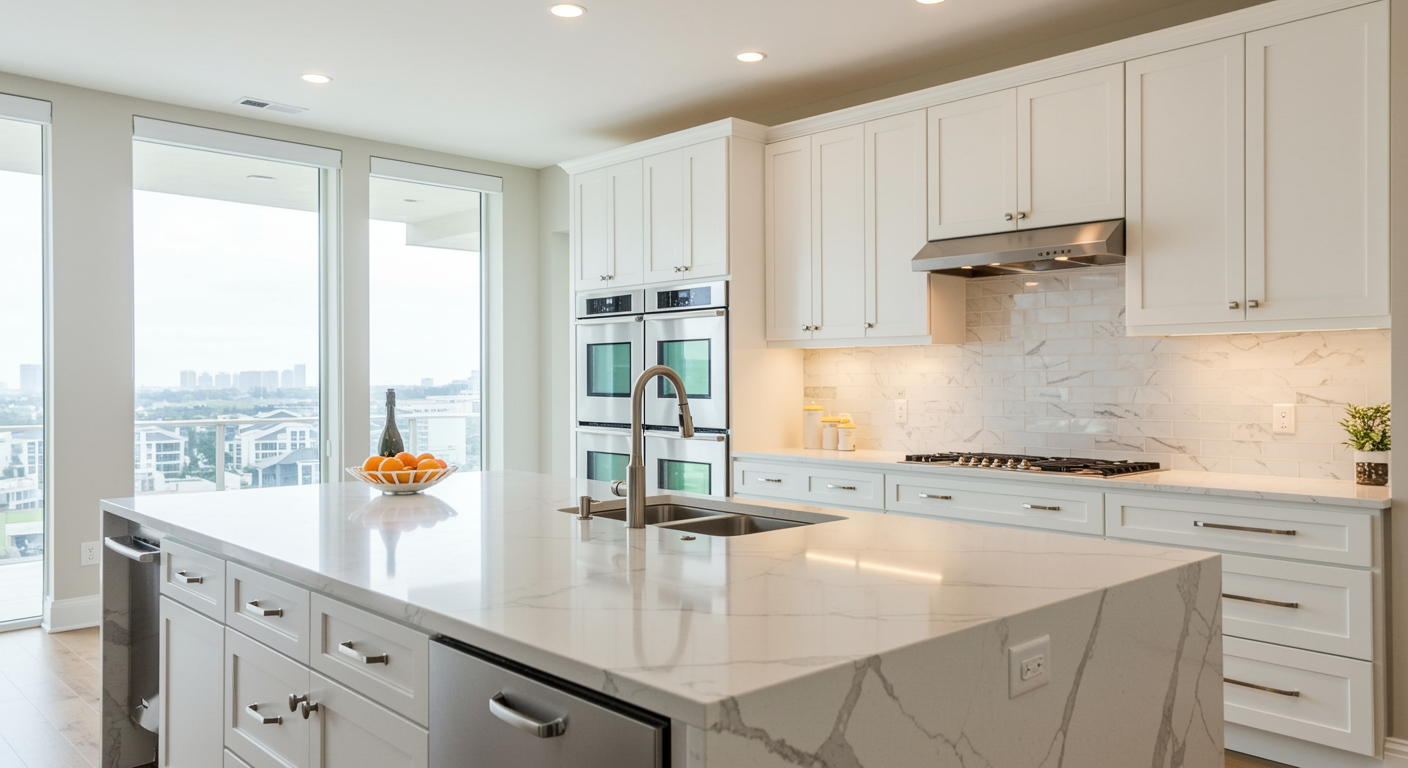 White kitchen with island and large windows overlooking city.
