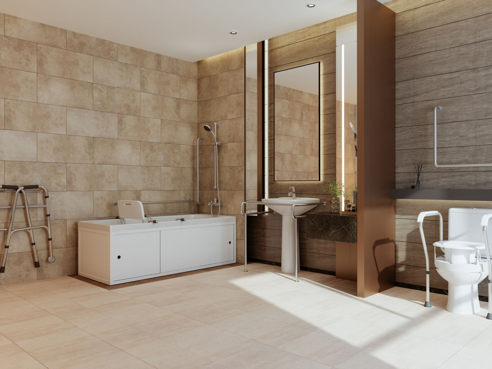 Accessible bathroom with a tub, sink, toilet, and grab bars. Neutral tones and modern design.