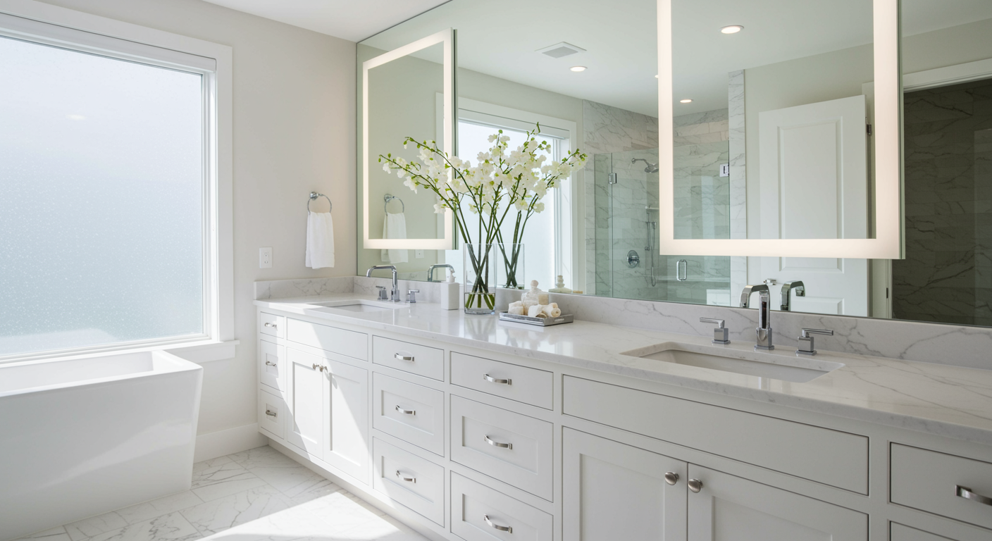 Modern white bathroom with black accents. Vanity, toilet, shower with patterned tile floor.