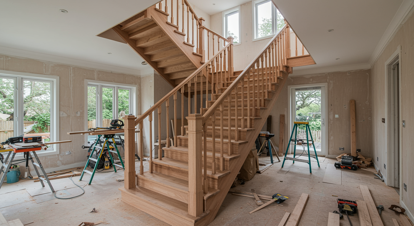 Interior construction site with drywall, wooden floors, and a miter saw.