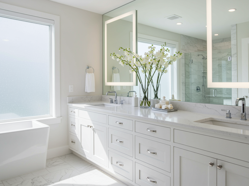 Bathroom with white cabinets, patterned floor tiles, glass shower, and black fixtures.