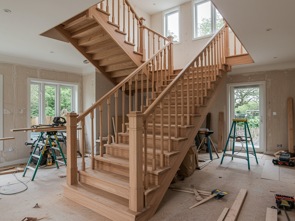 Interior drywall construction with an open archway, a miter saw, and an arched front door.