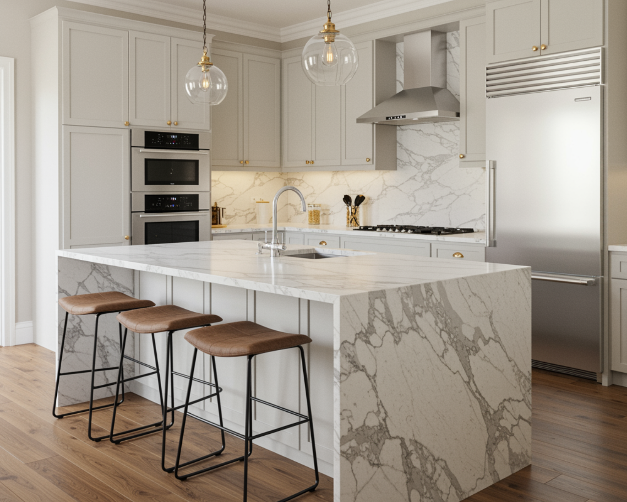 Modern kitchen with white cabinets, marble island, stainless steel appliances, and brown leather bar stools.