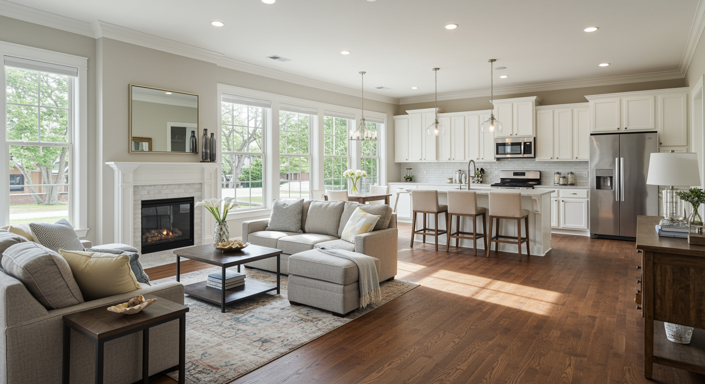 Living room with staircase, neutral colors, open to kitchen.