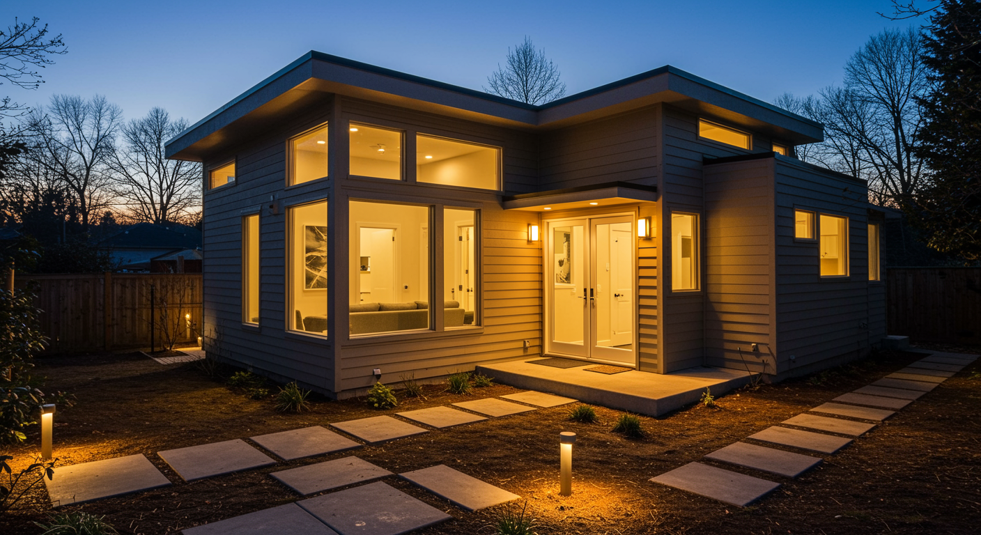 Bedroom with a tufted gray headboard bed, teal pillows, and a window.