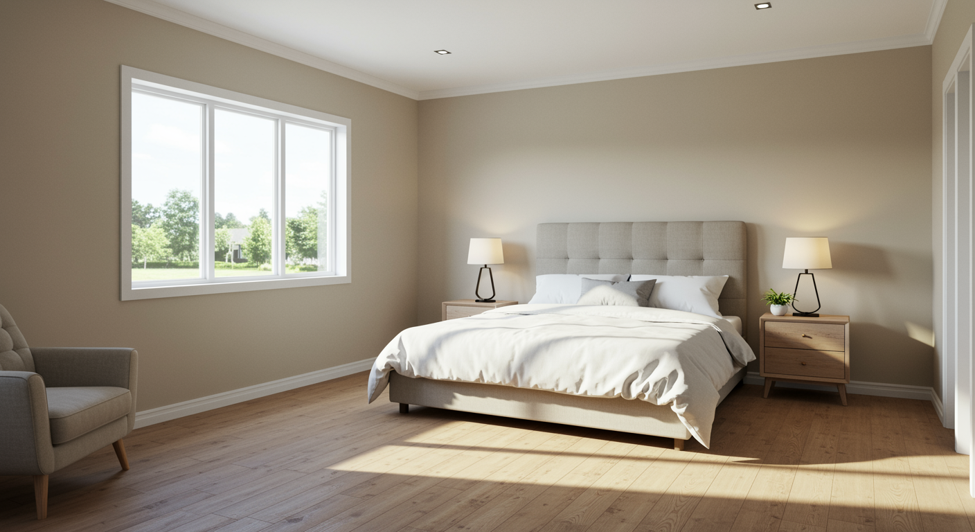 Hotel room with a large bed, brown headboard, white linens, and wooden floor.