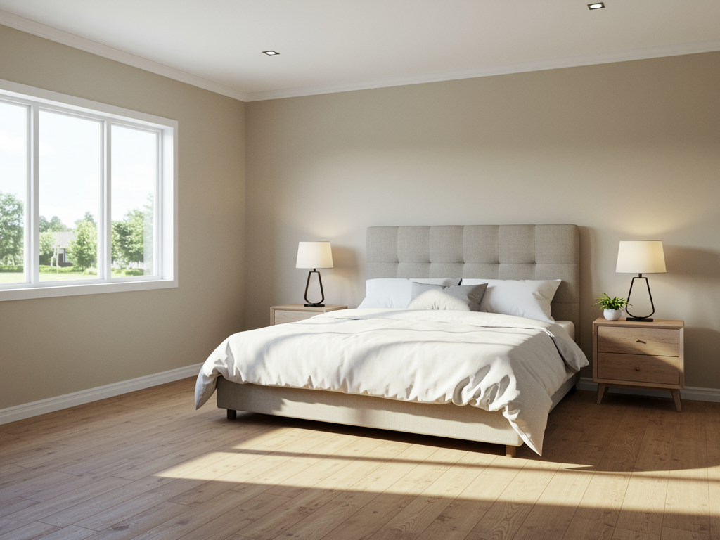 Hotel bedroom with a bed, wood floor, and nightstand. The bed has white bedding with a brown decorative runner.