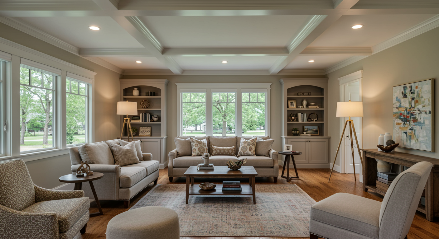 Two-story house with tan stucco exterior, red tile roof, and a paved driveway under a blue sky.