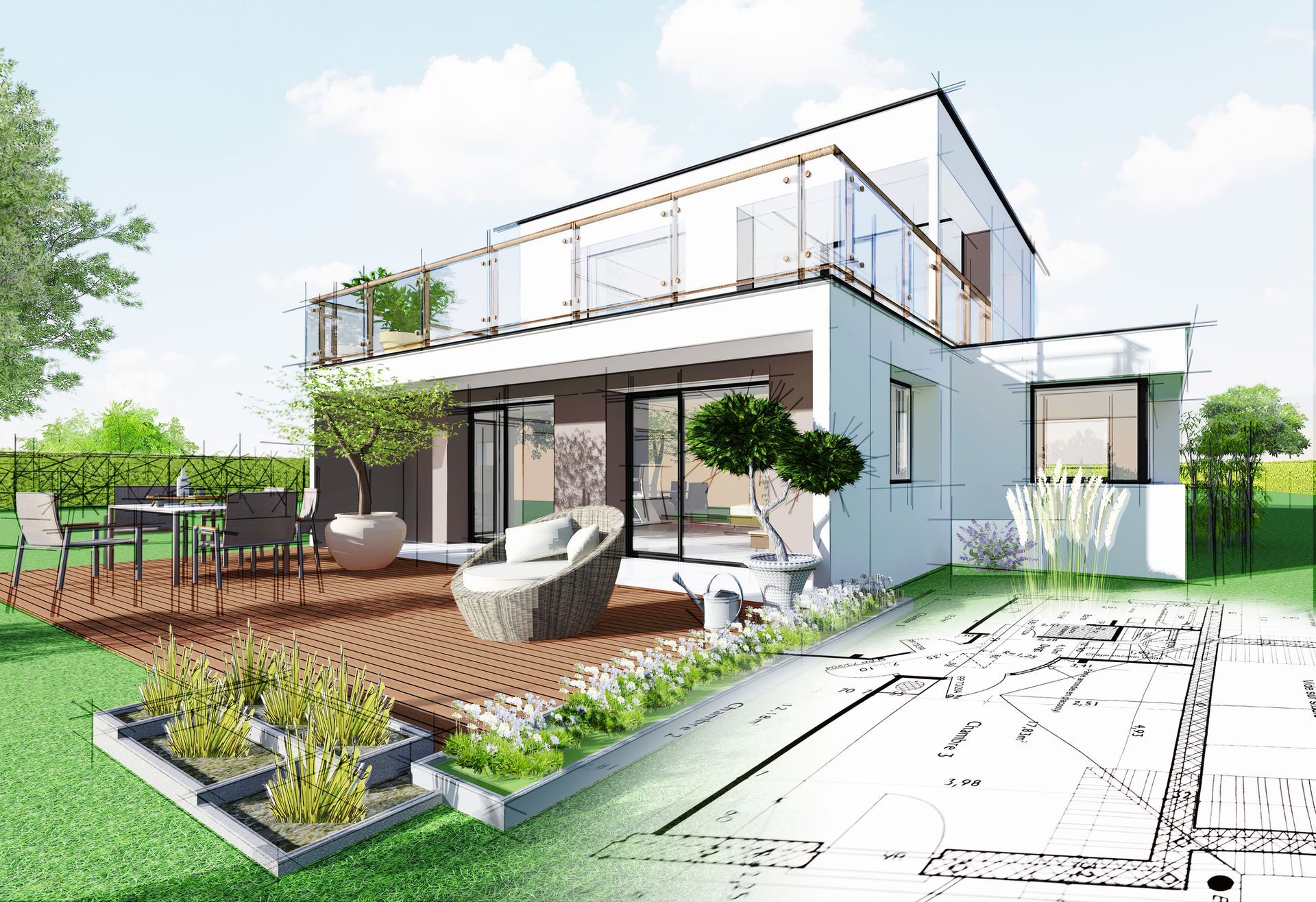 Modern house rendering with blueprint overlay, features outdoor deck, garden, and balcony.