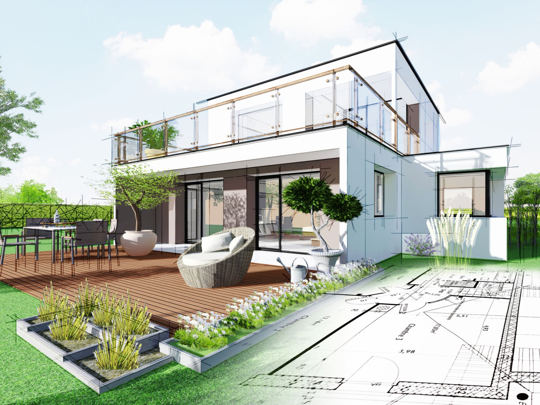 Modern house rendering with blueprint overlay; deck, patio furniture, garden, and green lawn.