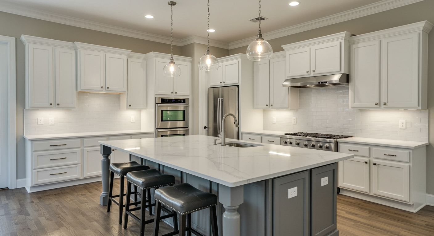 Kitchen with gray cabinets, white countertops, and a stainless steel range hood and refrigerator.