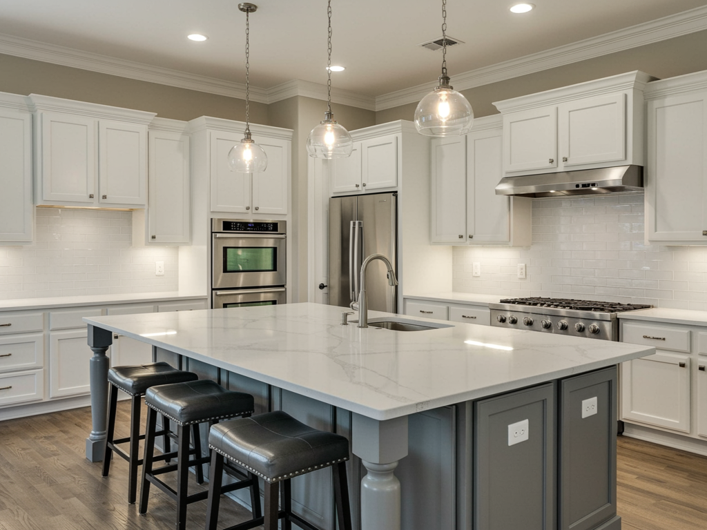 Modern kitchen with gray-green cabinets, white countertops, stainless steel appliances, and a large island.