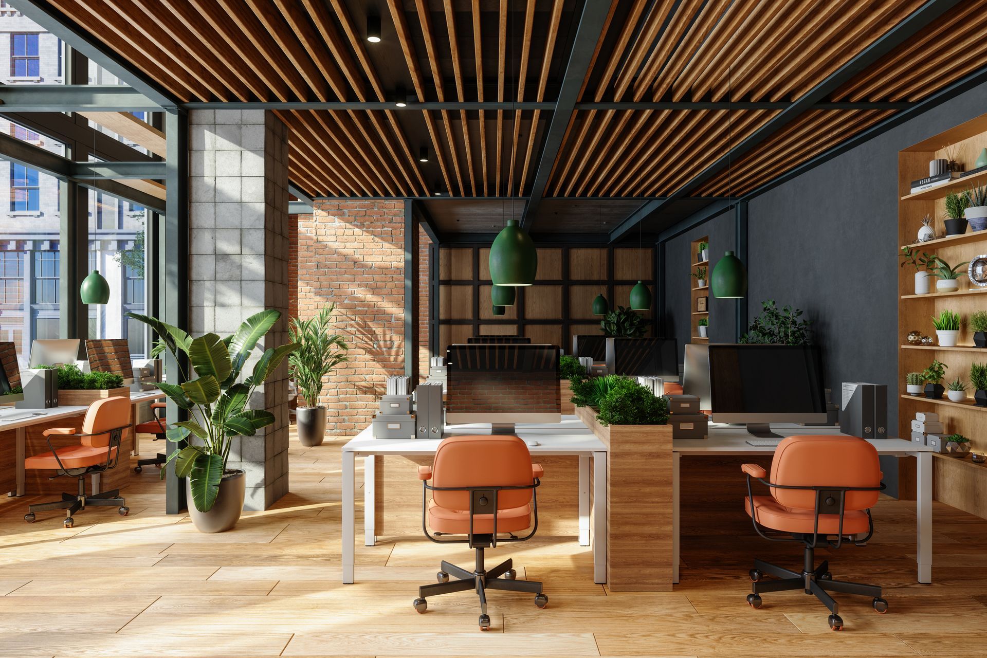 Office interior with desks, chairs, plants, and wooden ceiling. Natural light streams in.