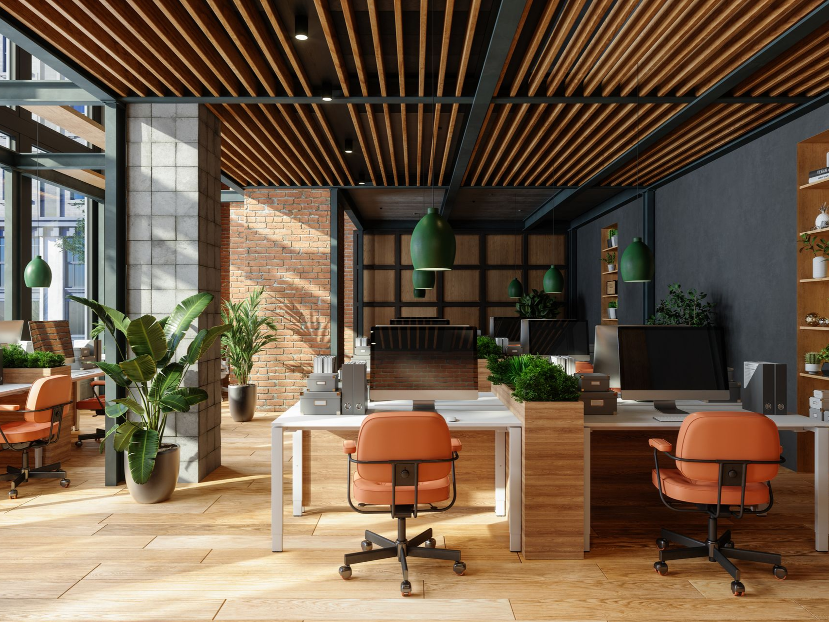 Modern office interior with desks, chairs, plants, and wooden ceiling.
