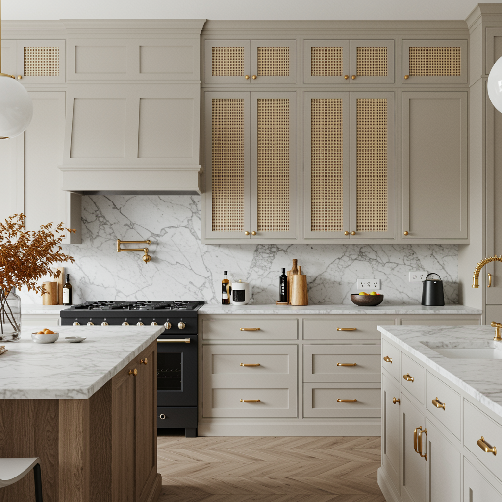 Stylish kitchen with beige cabinets, marble countertops, and black range.